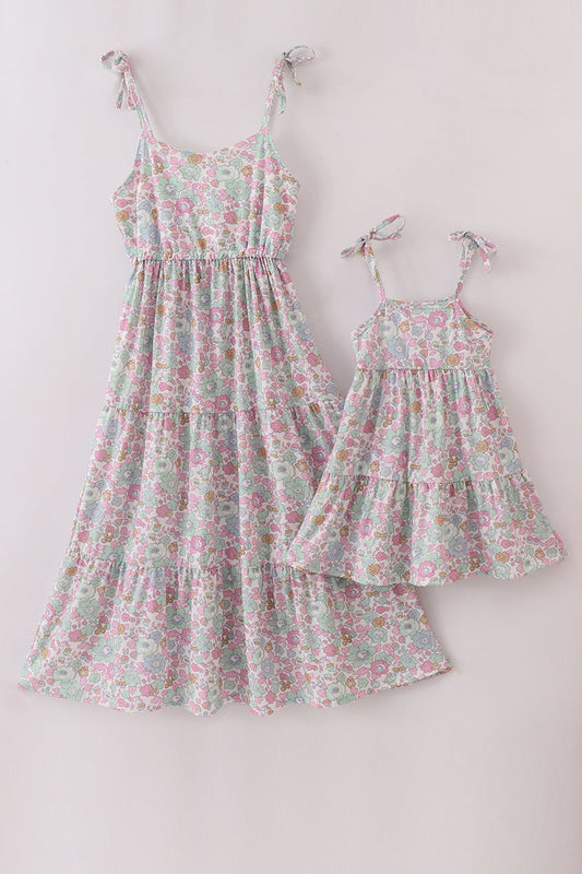 Mint Pink Floral Print Tiered Mommy & Me Matching Dress Set | Mother Daughter Boutique Outfit