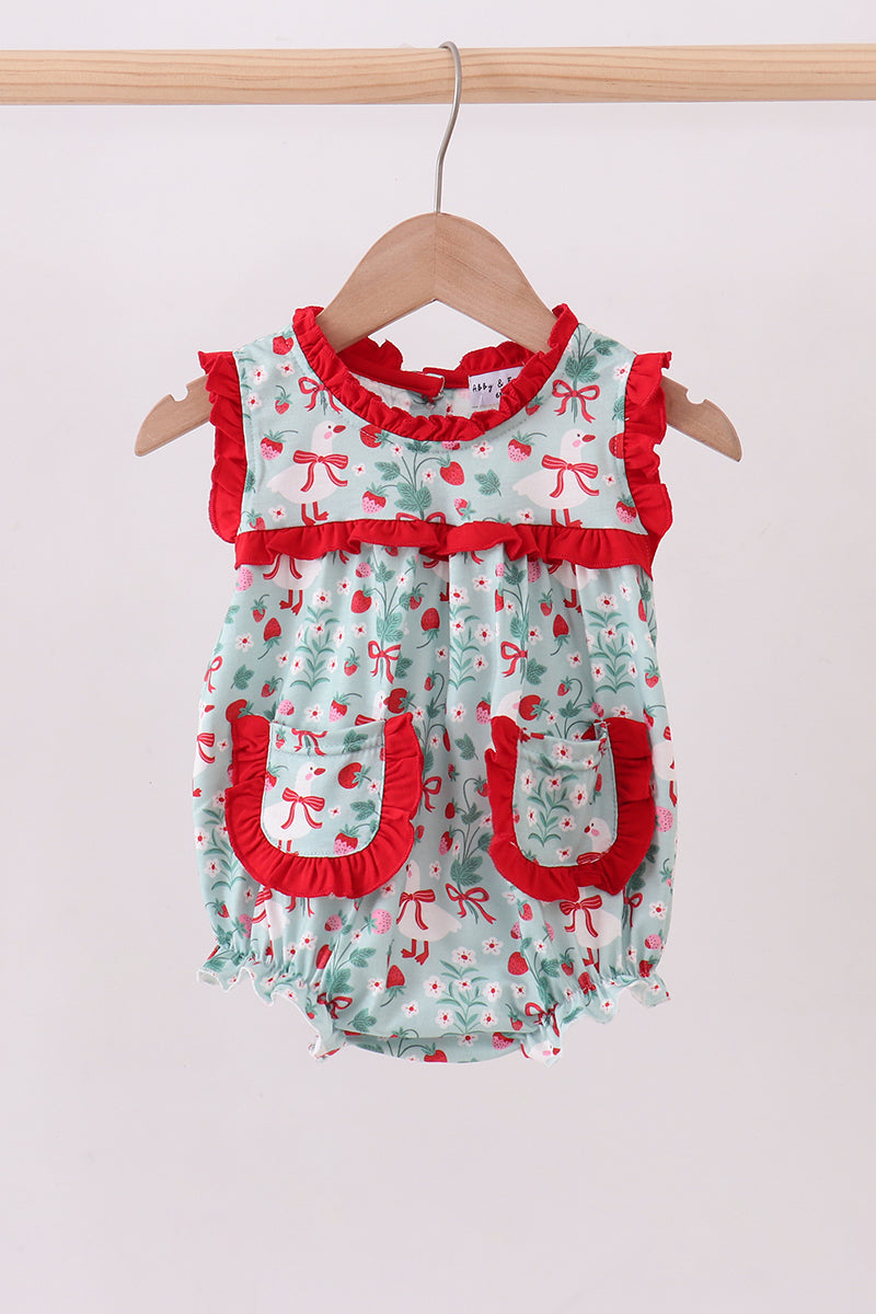 Strawberry Goose Ruffle Bubble Romper | Baby Girl Boutique Outfit | Sweet Floral Bubble Romper for Toddlers