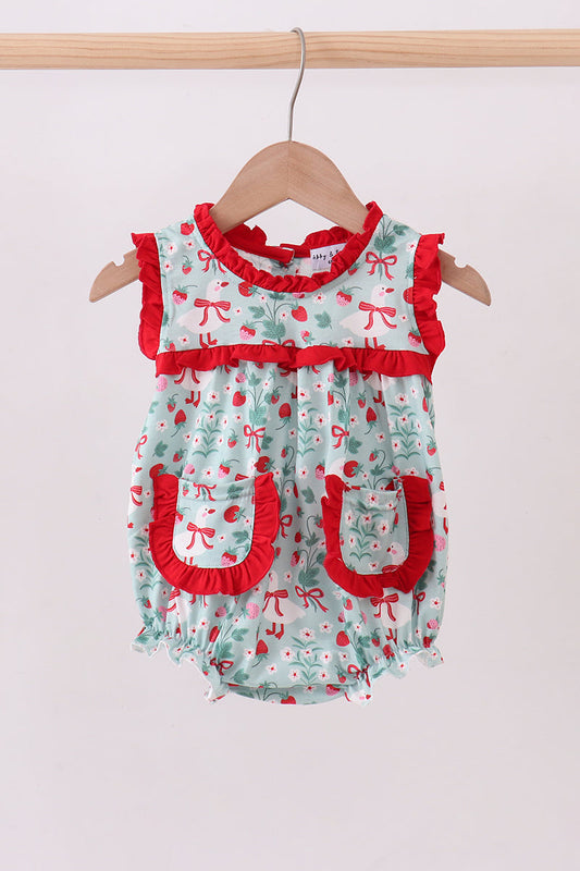 Strawberry Goose Ruffle Bubble Romper | Baby Girl Boutique Outfit | Sweet Floral Bubble Romper for Toddlers