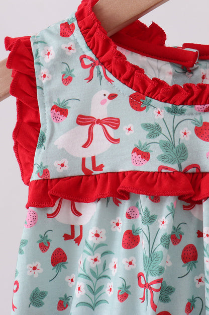 Strawberry Goose Ruffle Bubble Romper | Baby Girl Boutique Outfit | Sweet Floral Bubble Romper for Toddlers