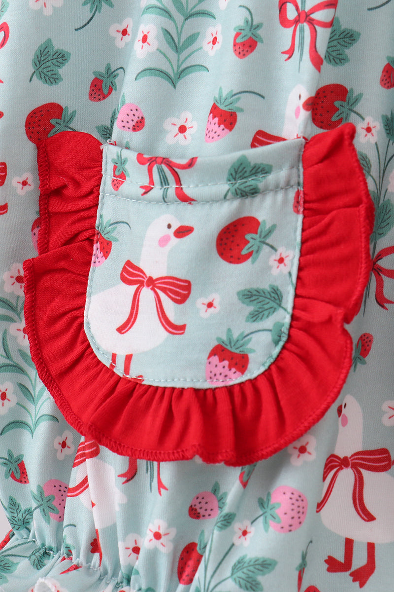 Strawberry Goose Ruffle Bubble Romper | Baby Girl Boutique Outfit | Sweet Floral Bubble Romper for Toddlers