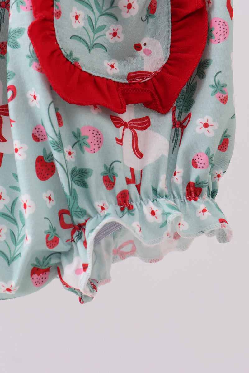 Strawberry Goose Ruffle Bubble Romper | Baby Girl Boutique Outfit | Sweet Floral Bubble Romper for Toddlers