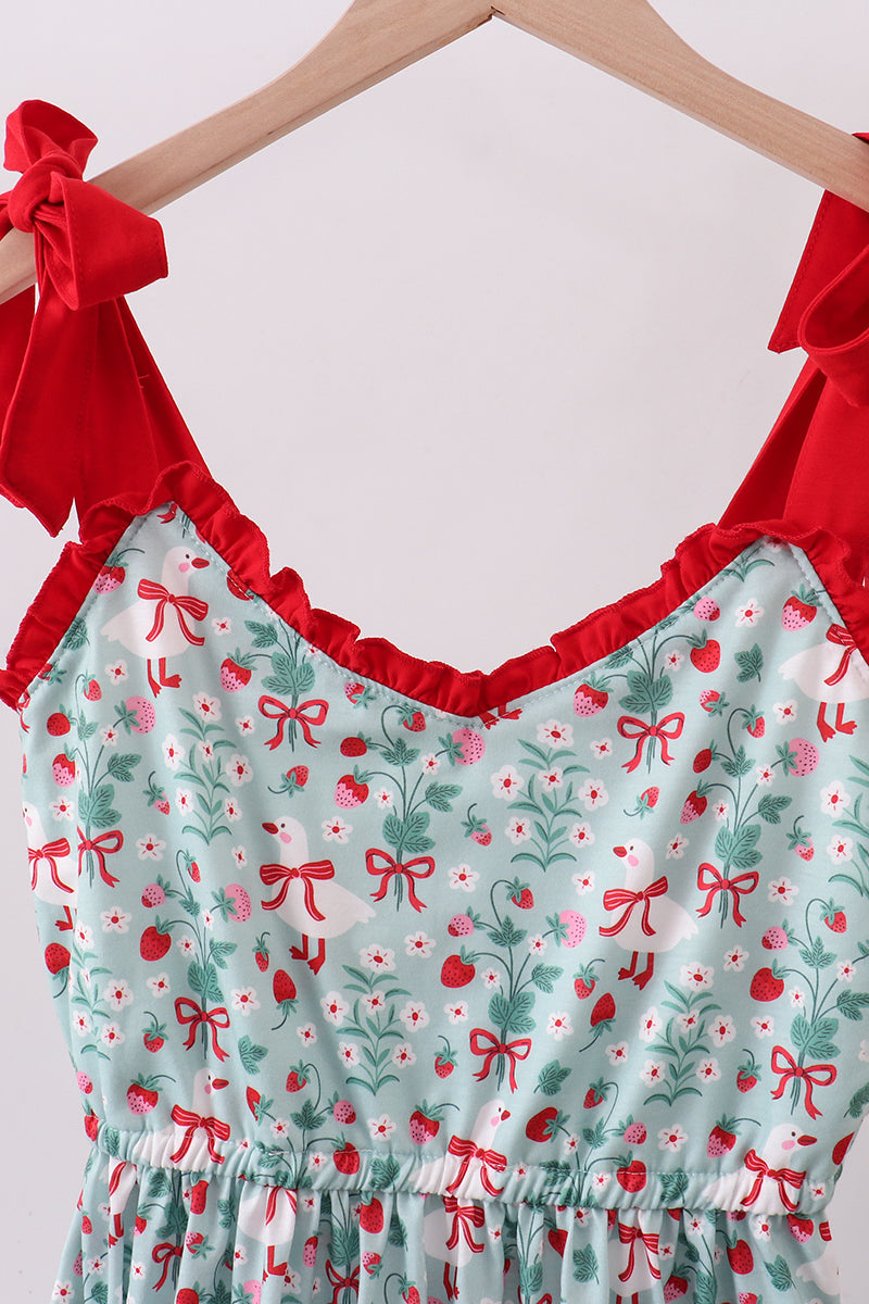Strawberry Goose Print Women’s Dress | Floral Ruffle Boutique Dress | Cute Summer Casual Dress for Women
