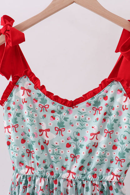 Strawberry Goose Print Women’s Dress | Floral Ruffle Boutique Dress | Cute Summer Casual Dress for Women