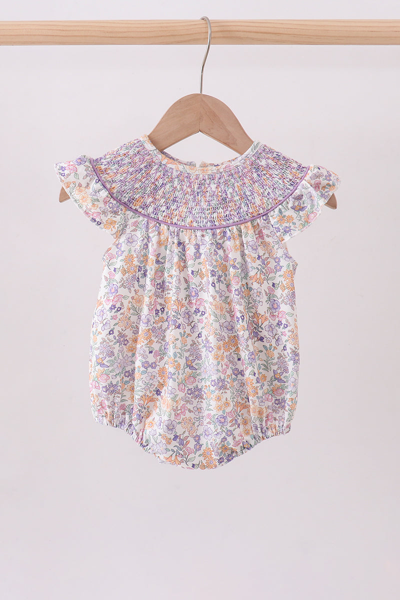 Purple Floral Smocked Ruffle Bubble Romper | Baby Girl Boutique Outfit | Sweet Floral Bubble Romper for Toddlers