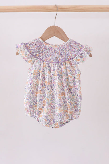 Purple Floral Smocked Ruffle Bubble Romper | Baby Girl Boutique Outfit | Sweet Floral Bubble Romper for Toddlers