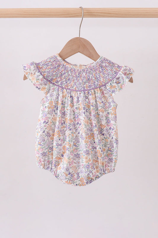 Purple Floral Smocked Ruffle Bubble Romper | Baby Girl Boutique Outfit | Sweet Floral Bubble Romper for Toddlers