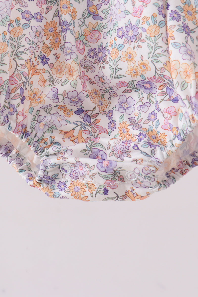 Purple Floral Smocked Ruffle Bubble Romper | Baby Girl Boutique Outfit | Sweet Floral Bubble Romper for Toddlers
