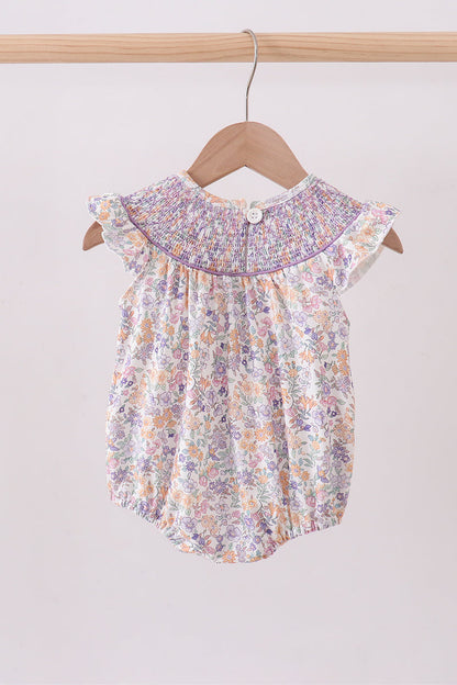 Purple Floral Smocked Ruffle Bubble Romper | Baby Girl Boutique Outfit | Sweet Floral Bubble Romper for Toddlers