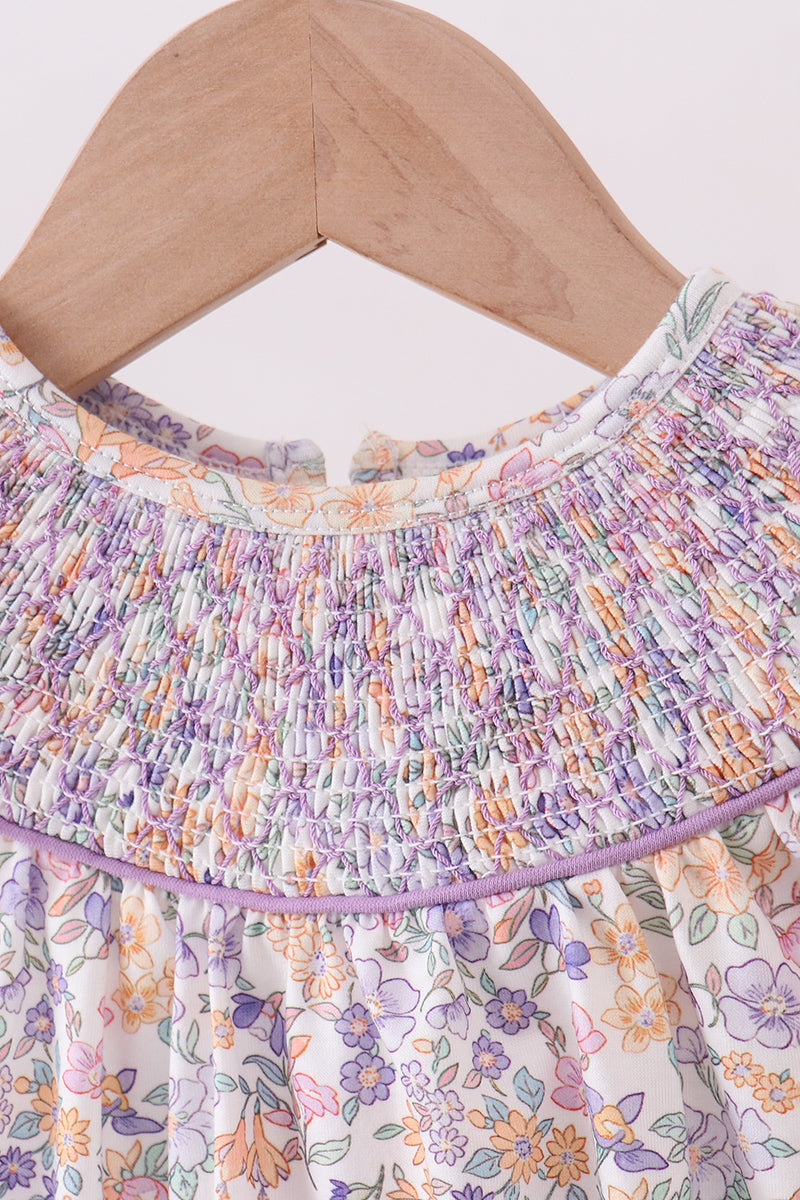 Purple Floral Smocked Ruffle Bubble Romper | Baby Girl Boutique Outfit | Sweet Floral Bubble Romper for Toddlers