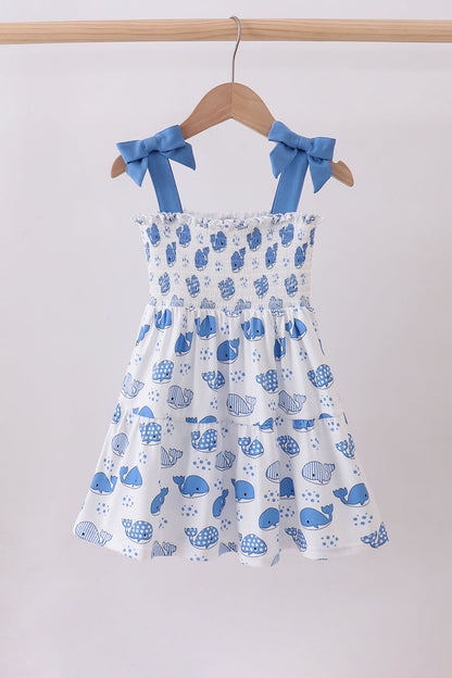 Blue Whale Smocked Ruffle Mommy & Me Matching Dress Set | Mother Daughter Beach Summer Outfit