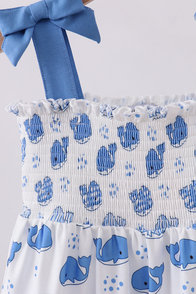 Blue Whale Smocked Ruffle Mommy & Me Matching Dress Set | Mother Daughter Beach Summer Outfit