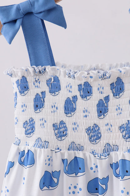 Blue Whale Smocked Ruffle Mommy & Me Matching Dress Set | Mother Daughter Beach Summer Outfit