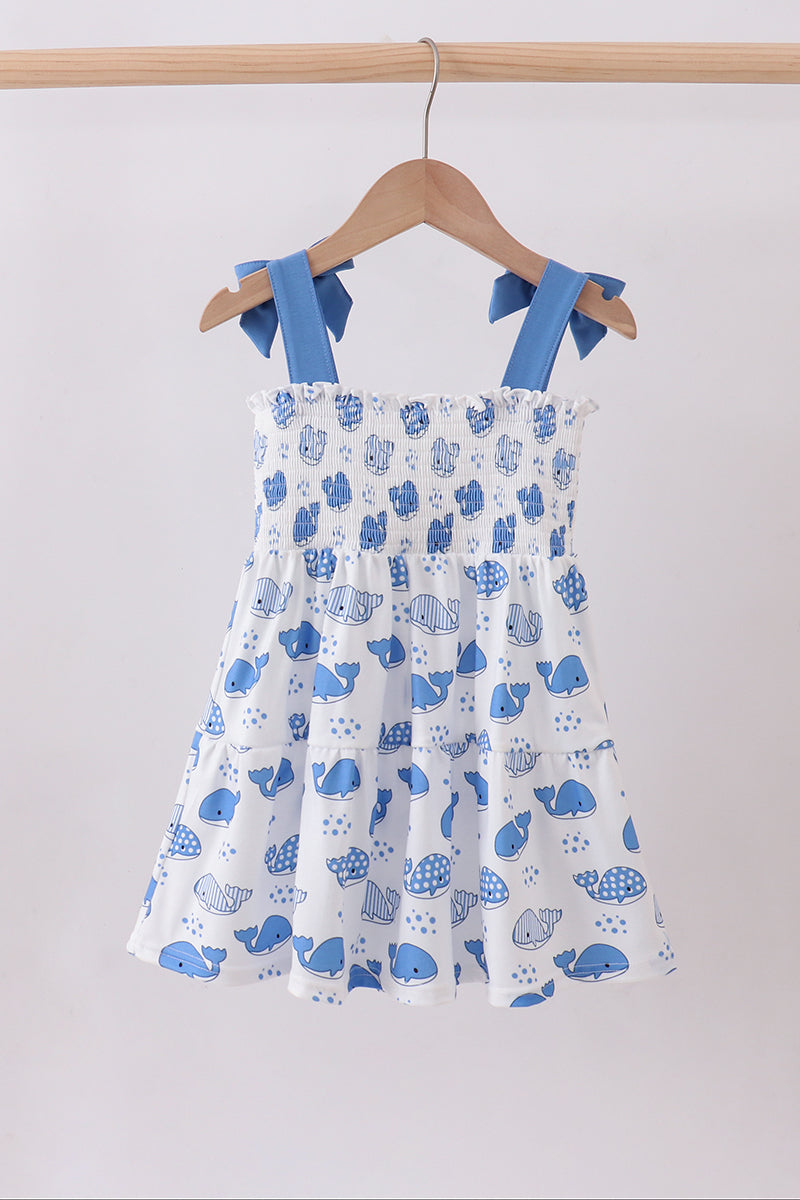 Blue Whale Smocked Ruffle Mommy & Me Matching Dress Set | Mother Daughter Beach Summer Outfit