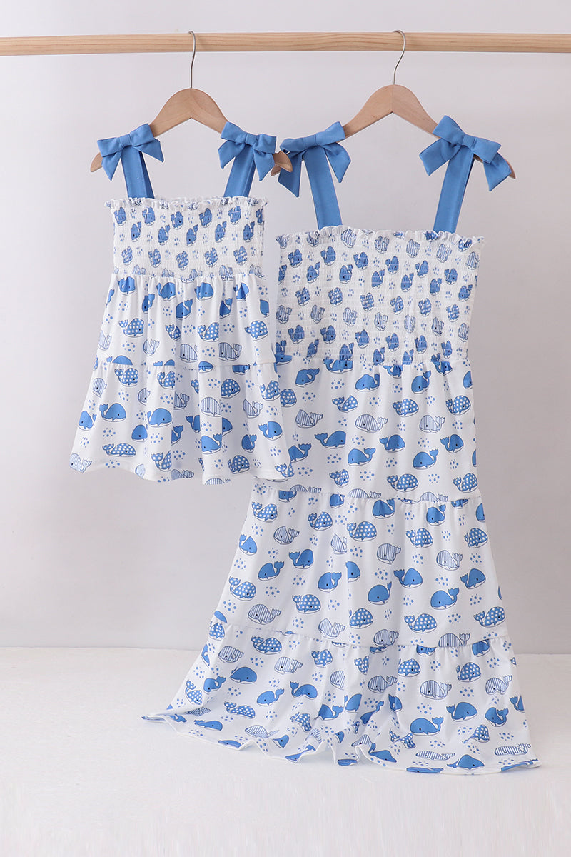 Blue Whale Smocked Ruffle Mommy & Me Matching Dress Set | Mother Daughter Beach Summer Outfit