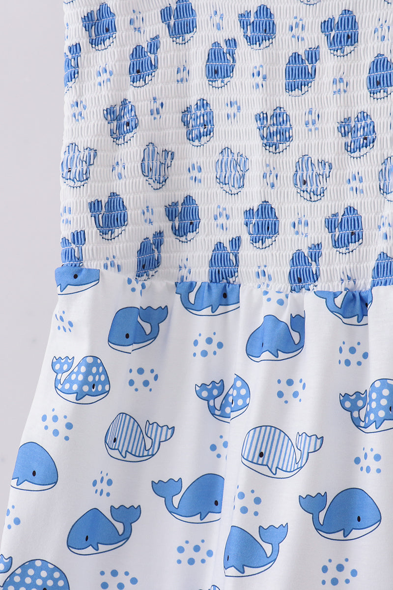 Blue Whale Smocked Ruffle Mommy & Me Matching Dress Set | Mother Daughter Beach Summer Outfit