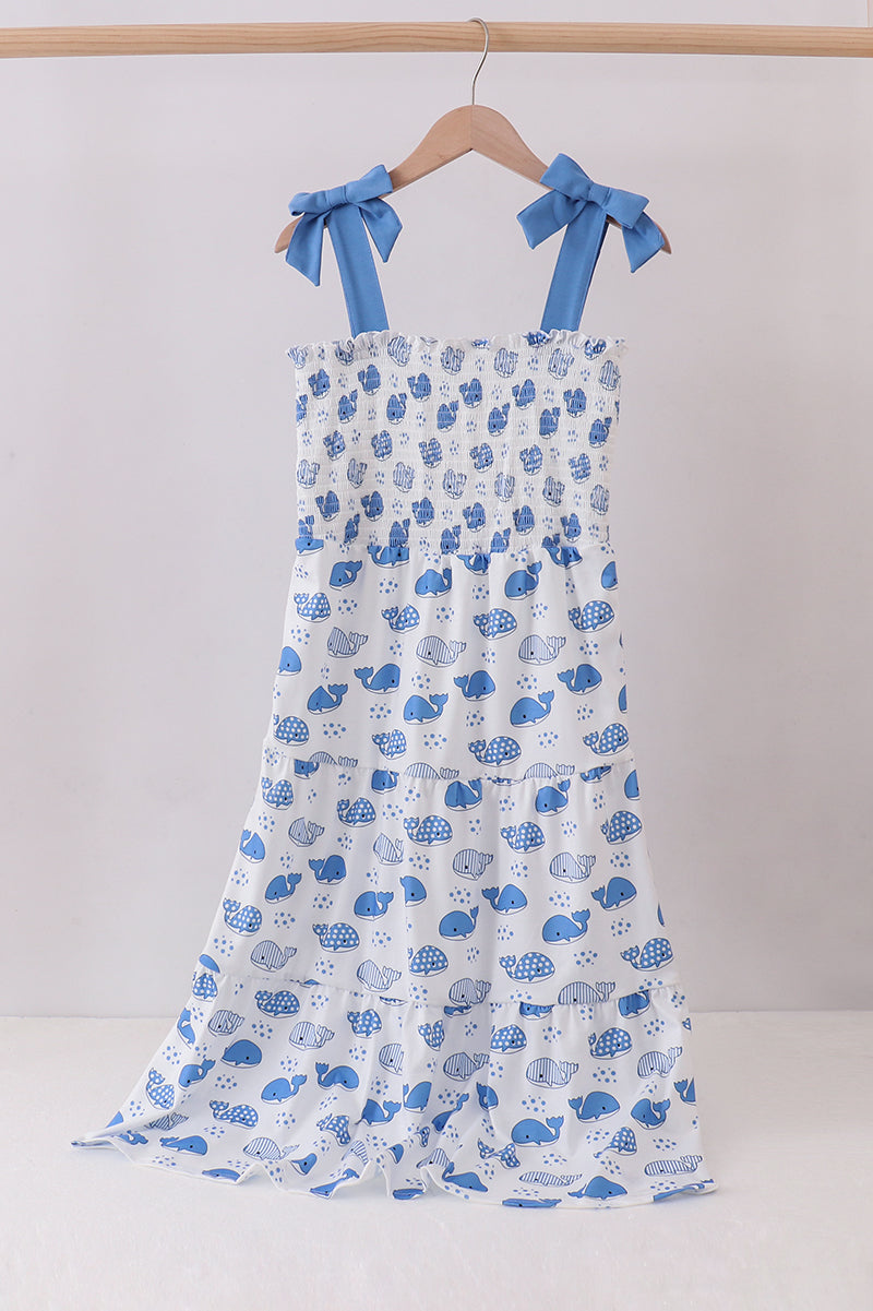 Blue Whale Smocked Ruffle Mommy & Me Matching Dress Set | Mother Daughter Beach Summer Outfit