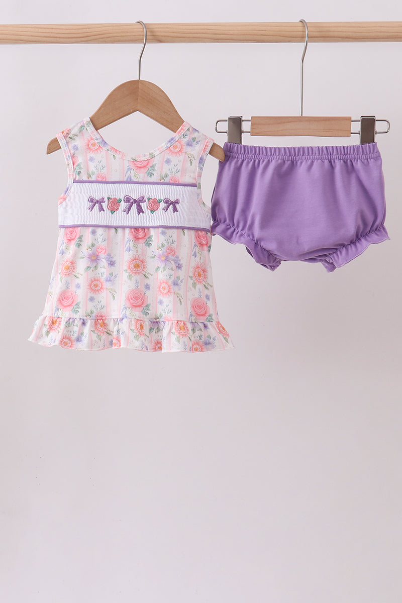 Purple Rose Bow Smocked Ruffle Bloomer Set | Baby Girl Boutique Outfit | Floral Smocked Top & Bloomer Shorts Set