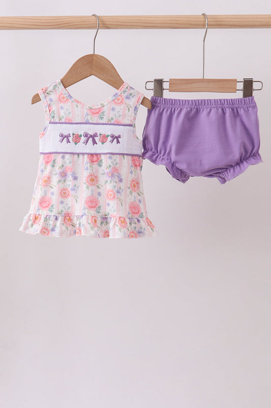 Purple Rose Bow Smocked Ruffle Bloomer Set | Baby Girl Boutique Outfit | Floral Smocked Top & Bloomer Shorts Set