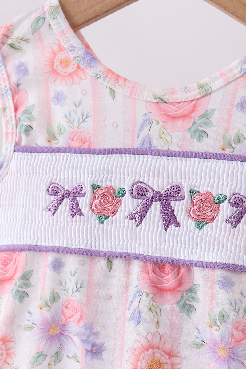 Purple Rose Bow Smocked Ruffle Bloomer Set | Baby Girl Boutique Outfit | Floral Smocked Top & Bloomer Shorts Set