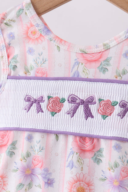 Purple Rose Bow Smocked Ruffle Bloomer Set | Baby Girl Boutique Outfit | Floral Smocked Top & Bloomer Shorts Set