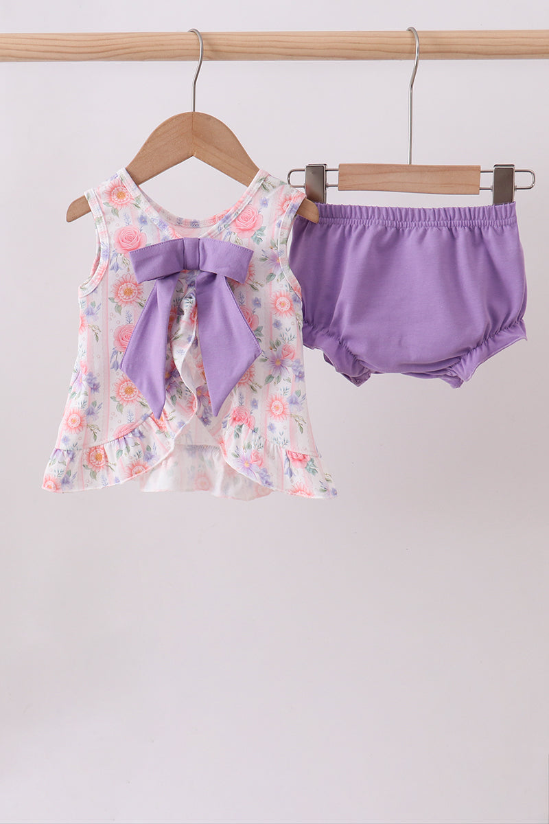 Purple Rose Bow Smocked Ruffle Bloomer Set | Baby Girl Boutique Outfit | Floral Smocked Top & Bloomer Shorts Set