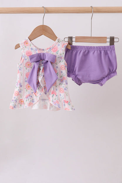 Purple Rose Bow Smocked Ruffle Bloomer Set | Baby Girl Boutique Outfit | Floral Smocked Top & Bloomer Shorts Set