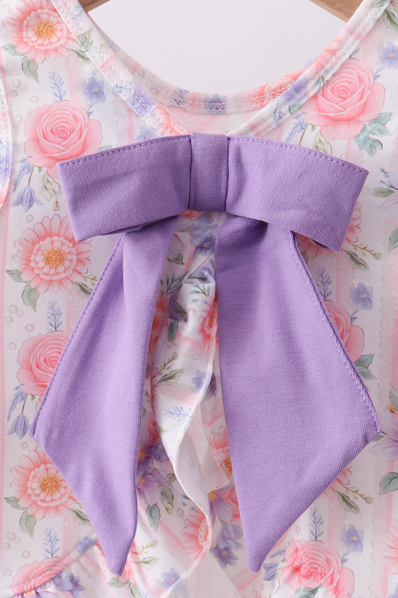 Purple Rose Bow Smocked Ruffle Bloomer Set | Baby Girl Boutique Outfit | Floral Smocked Top & Bloomer Shorts Set