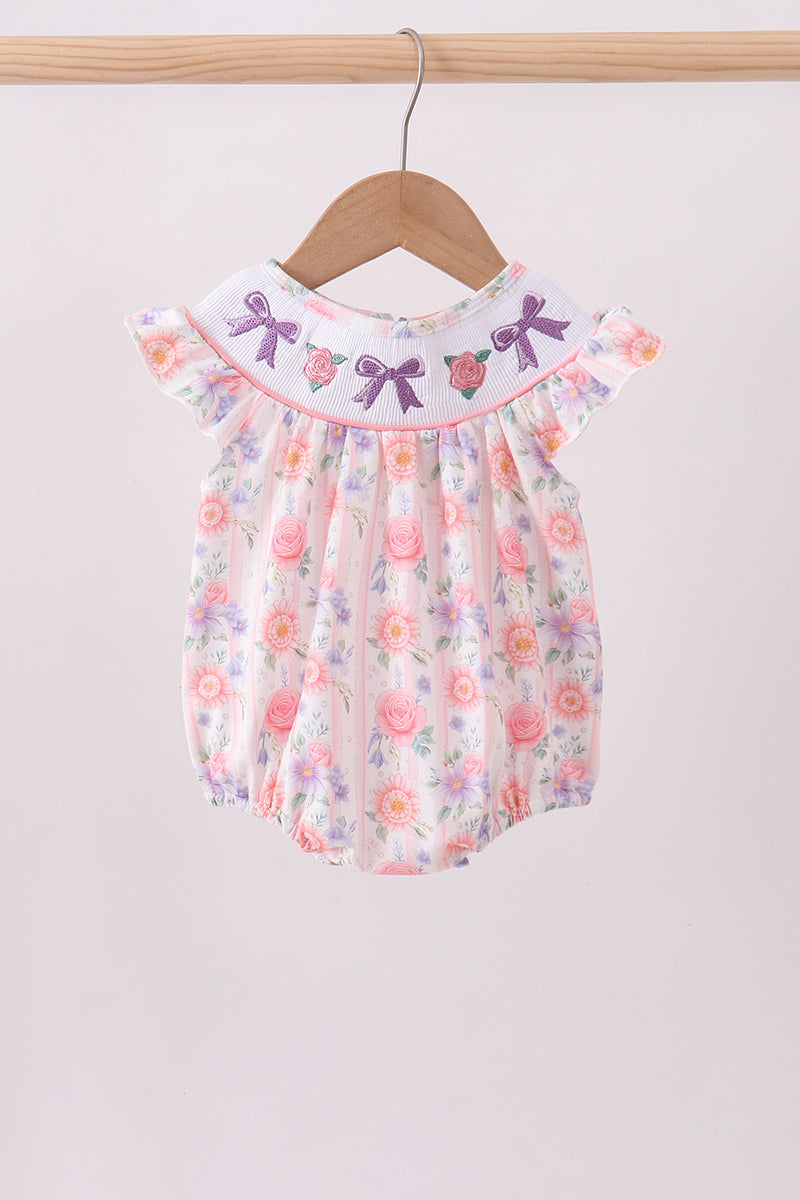Purple Rose Bow Smocked Ruffle Bubble Romper | Baby Girl Boutique Outfit | Floral Smocked Bubble Romper