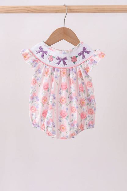 Purple Rose Bow Smocked Ruffle Bubble Romper | Baby Girl Boutique Outfit | Floral Smocked Bubble Romper