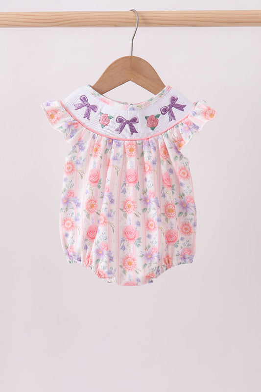 Purple Rose Bow Smocked Ruffle Bubble Romper | Baby Girl Boutique Outfit | Floral Smocked Bubble Romper