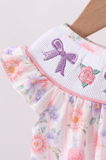 Purple Rose Bow Smocked Ruffle Bubble Romper | Baby Girl Boutique Outfit | Floral Smocked Bubble Romper