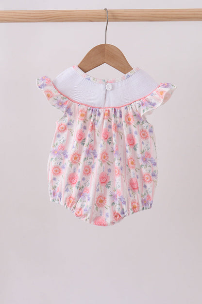 Purple Rose Bow Smocked Ruffle Bubble Romper | Baby Girl Boutique Outfit | Floral Smocked Bubble Romper
