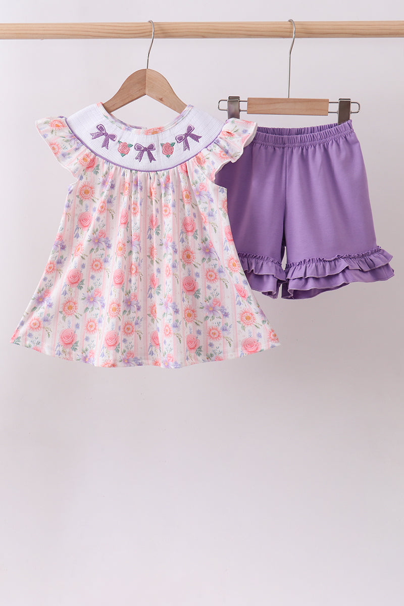 Purple Rose Bow Smocked Ruffle Shorts Set | Baby Girl Boutique Outfit | Floral Smocked Top & Shorts Set