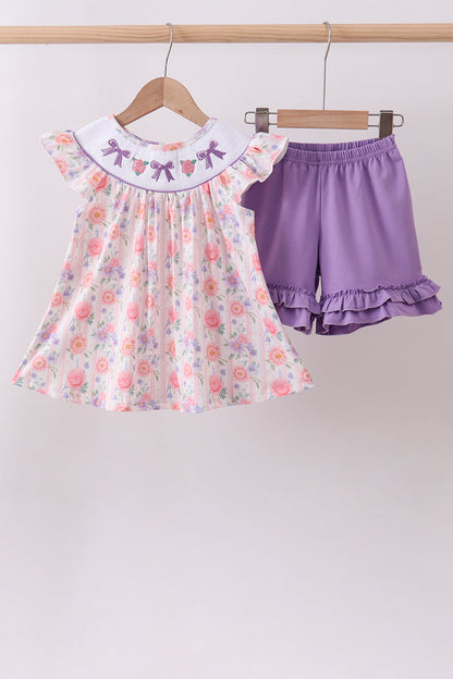 Purple Rose Bow Smocked Ruffle Shorts Set | Baby Girl Boutique Outfit | Floral Smocked Top & Shorts Set