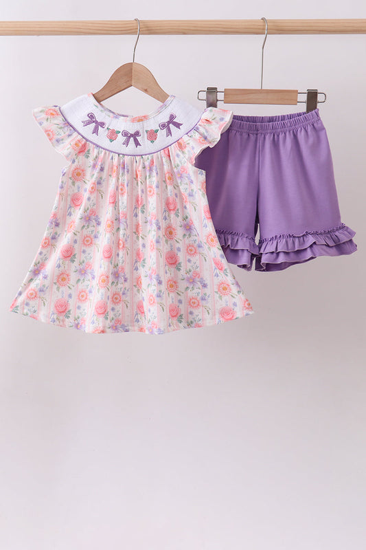 Purple Rose Bow Smocked Ruffle Shorts Set | Baby Girl Boutique Outfit | Floral Smocked Top & Shorts Set
