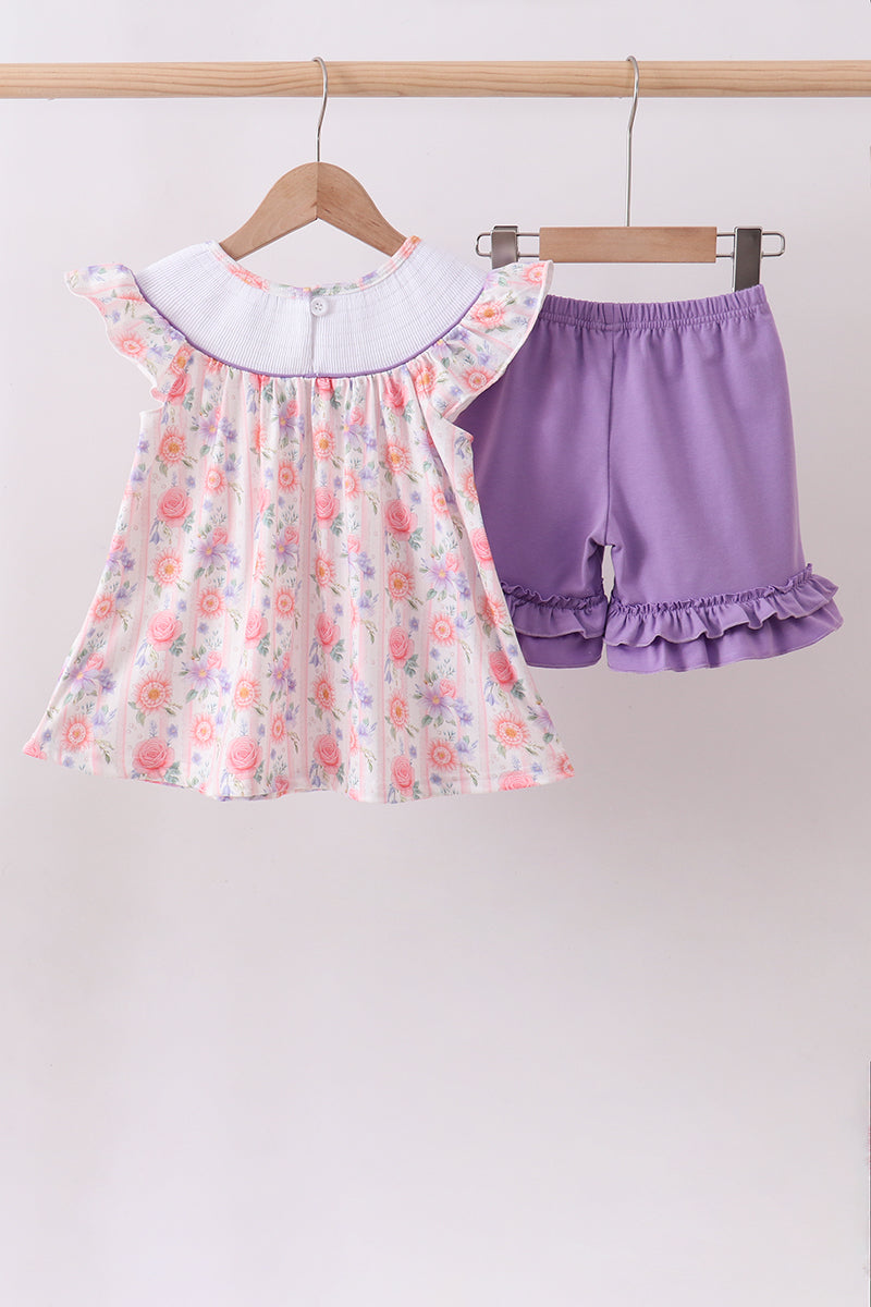 Purple Rose Bow Smocked Ruffle Shorts Set | Baby Girl Boutique Outfit | Floral Smocked Top & Shorts Set