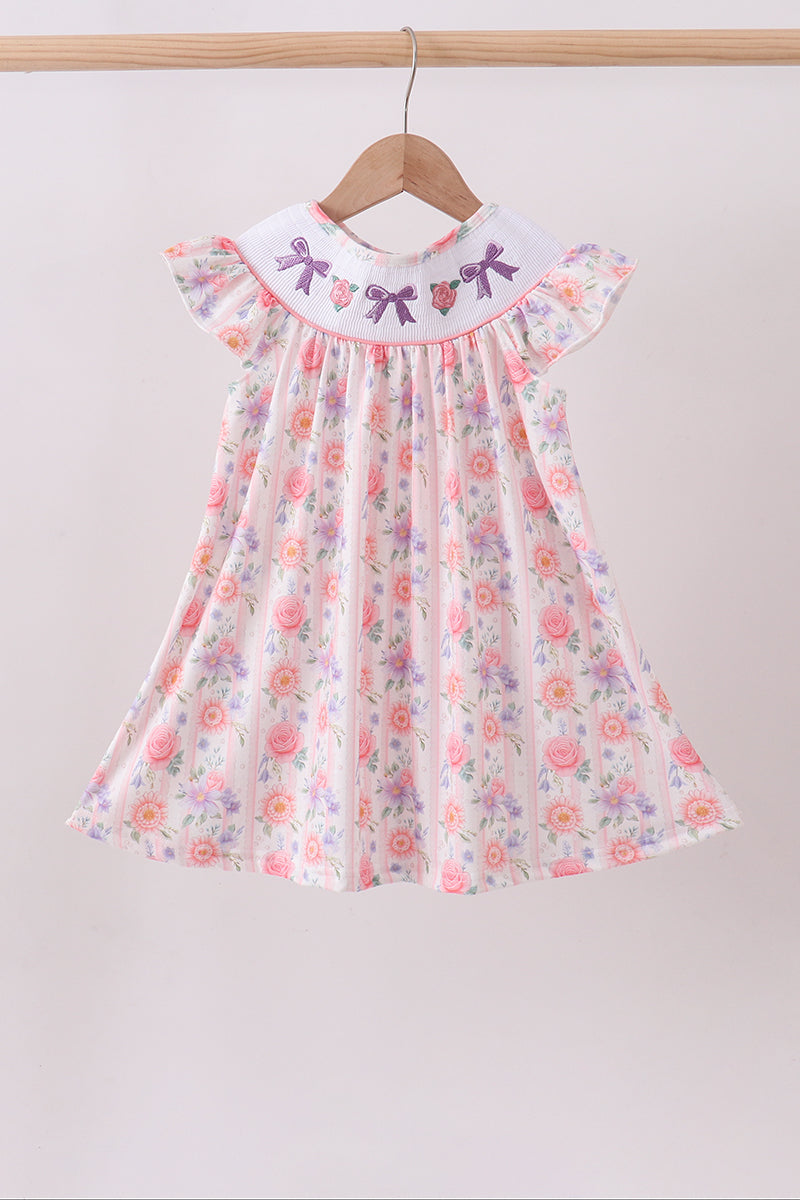 Purple Rose Bow Smocked Ruffle Dress | Baby Girl Boutique Floral Dress | Sweet Ruffle Dress for Toddlers