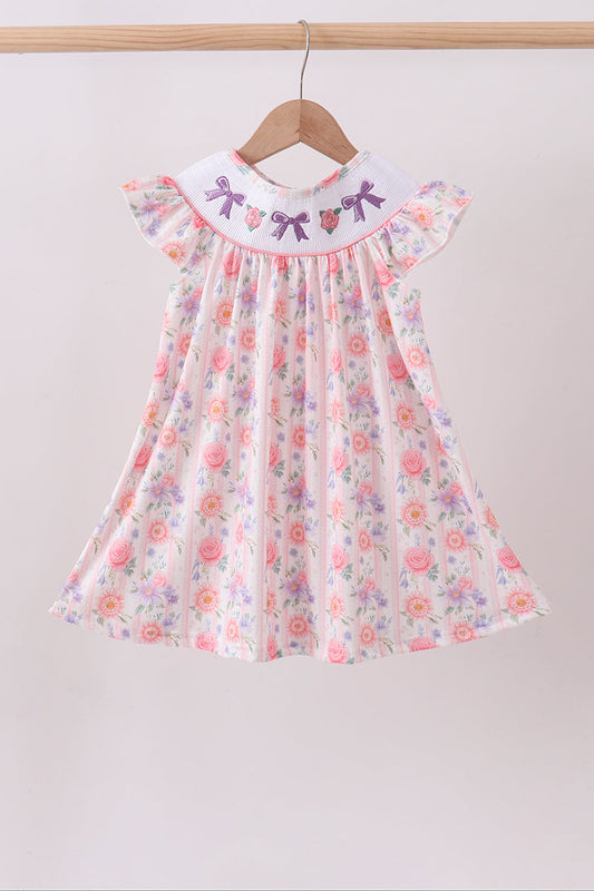 Purple Rose Bow Smocked Ruffle Dress | Baby Girl Boutique Floral Dress | Sweet Ruffle Dress for Toddlers