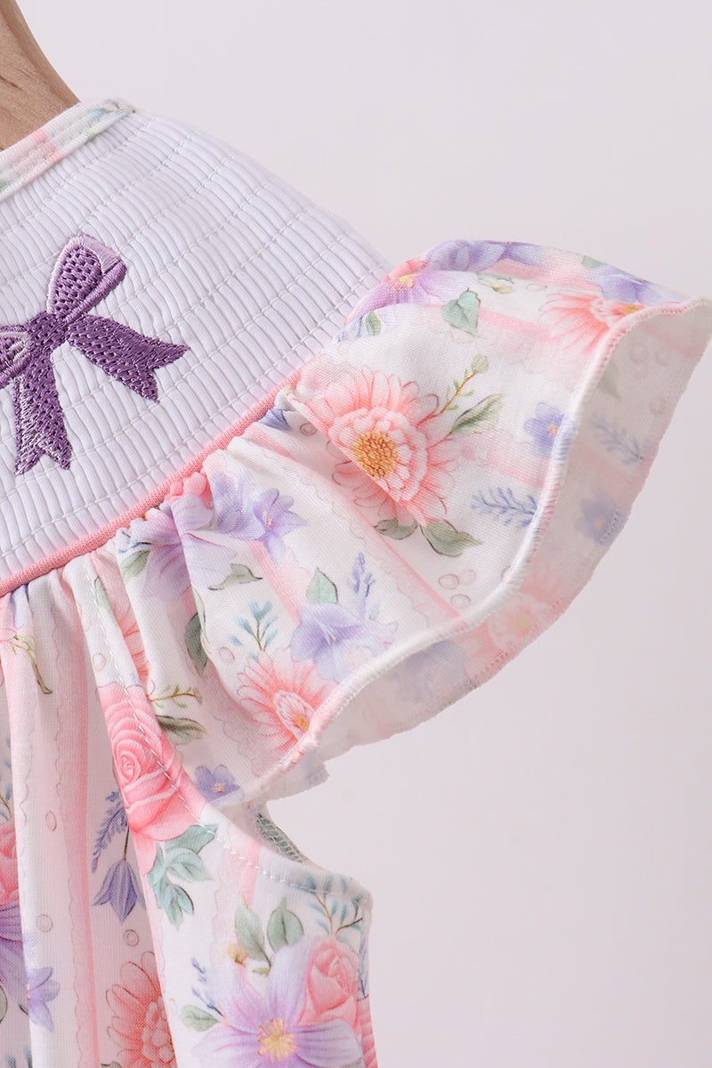 Purple Rose Bow Smocked Ruffle Dress | Baby Girl Boutique Floral Dress | Sweet Ruffle Dress for Toddlers