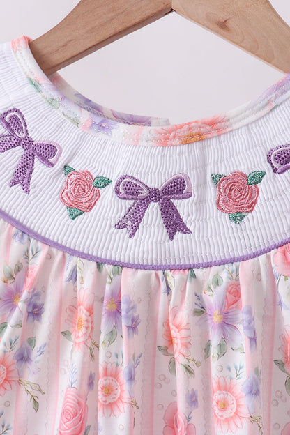 Purple Rose Bow Smocked Ruffle Dress | Baby Girl Boutique Floral Dress | Sweet Ruffle Dress for Toddlers