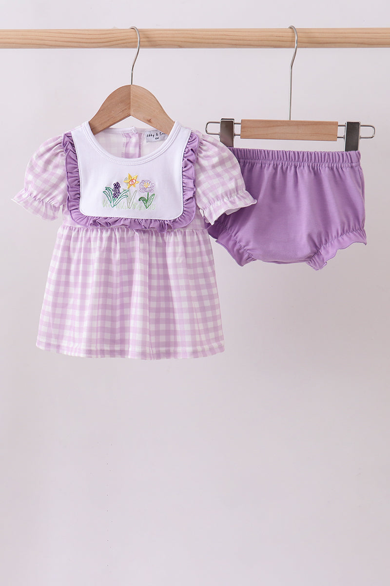 Purple Floral Embroidery Gingham Bloomer Set | Baby Girl Boutique Outfit | Smocked Embroidered Top & Bloomer Shorts Set