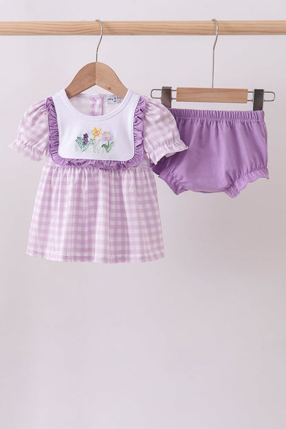 Purple Floral Embroidery Gingham Bloomer Set | Baby Girl Boutique Outfit | Smocked Embroidered Top & Bloomer Shorts Set