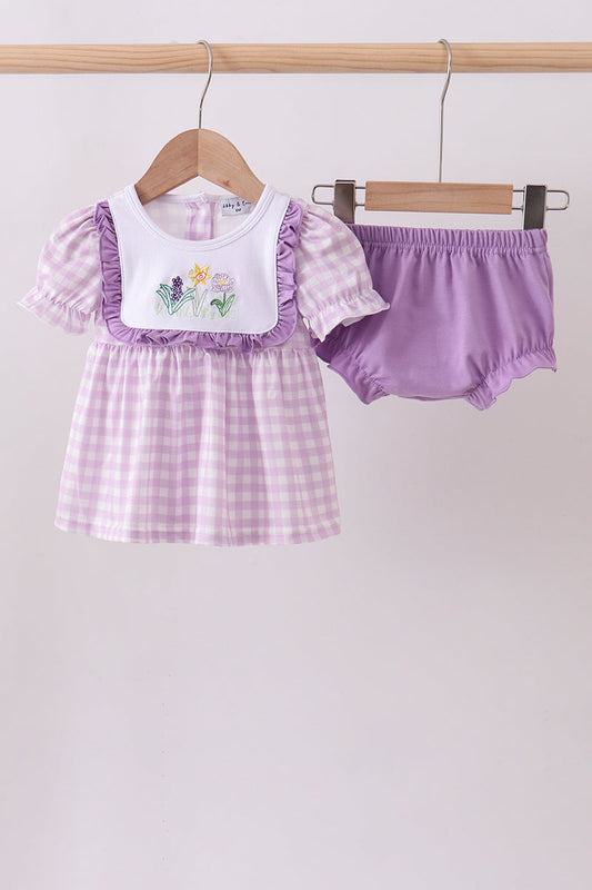 Purple Floral Embroidery Gingham Bloomer Set | Baby Girl Boutique Outfit | Smocked Embroidered Top & Bloomer Shorts Set
