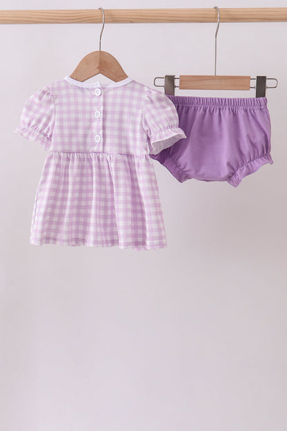 Purple Floral Embroidery Gingham Bloomer Set | Baby Girl Boutique Outfit | Smocked Embroidered Top & Bloomer Shorts Set