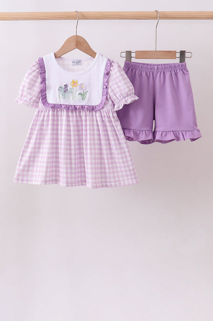 Purple Floral Embroidery Gingham Ruffle Shorts Set | Baby Girl Boutique Outfit | Embroidered Top & Shorts Set