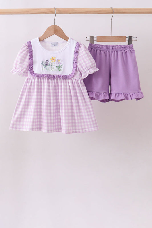 Purple Floral Embroidery Gingham Ruffle Shorts Set | Baby Girl Boutique Outfit | Embroidered Top & Shorts Set