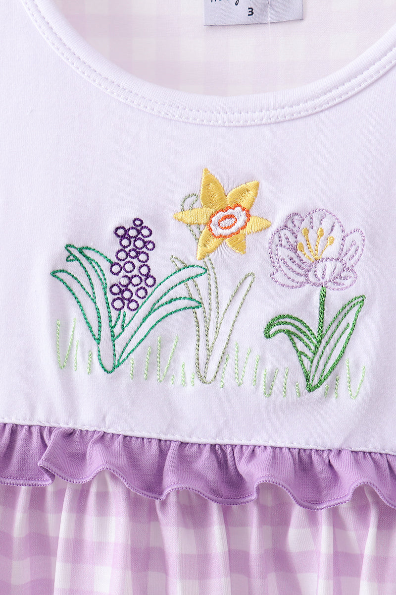 Purple Floral Embroidery Gingham Ruffle Shorts Set | Baby Girl Boutique Outfit | Embroidered Top & Shorts Set