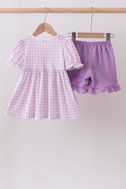 Purple Floral Embroidery Gingham Ruffle Shorts Set | Baby Girl Boutique Outfit | Embroidered Top & Shorts Set