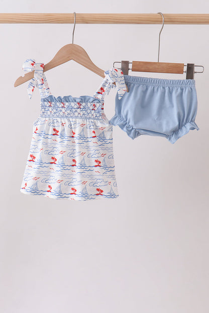 Sailor Dreams Sailboat Smocked Bloomer Set